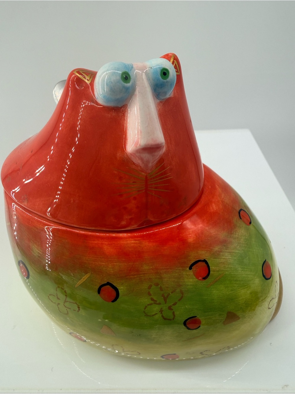 Colorful Red & Green Ceramic Bird Treat Jar